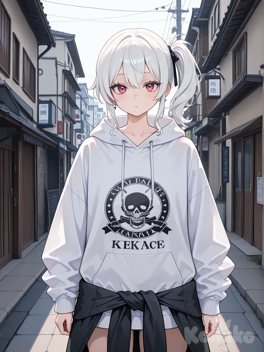 1girl semi relistic oversized hoodie , side ponytail, ivory white