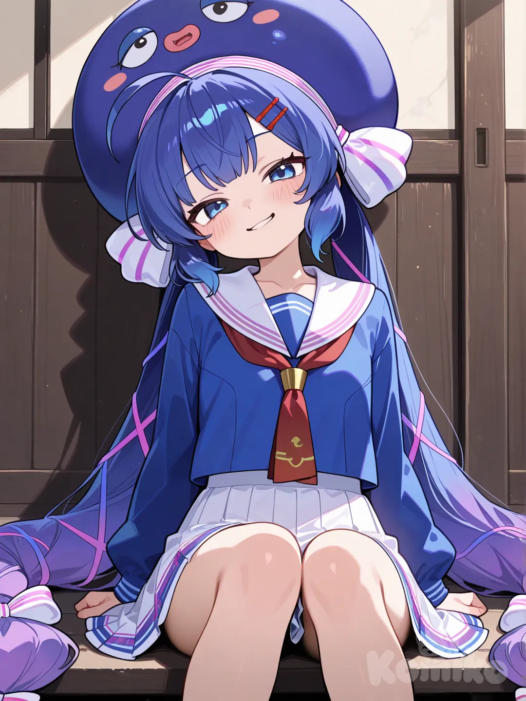 @Otomachi_Una, head tilt, sitting on the ground, blush, smirk