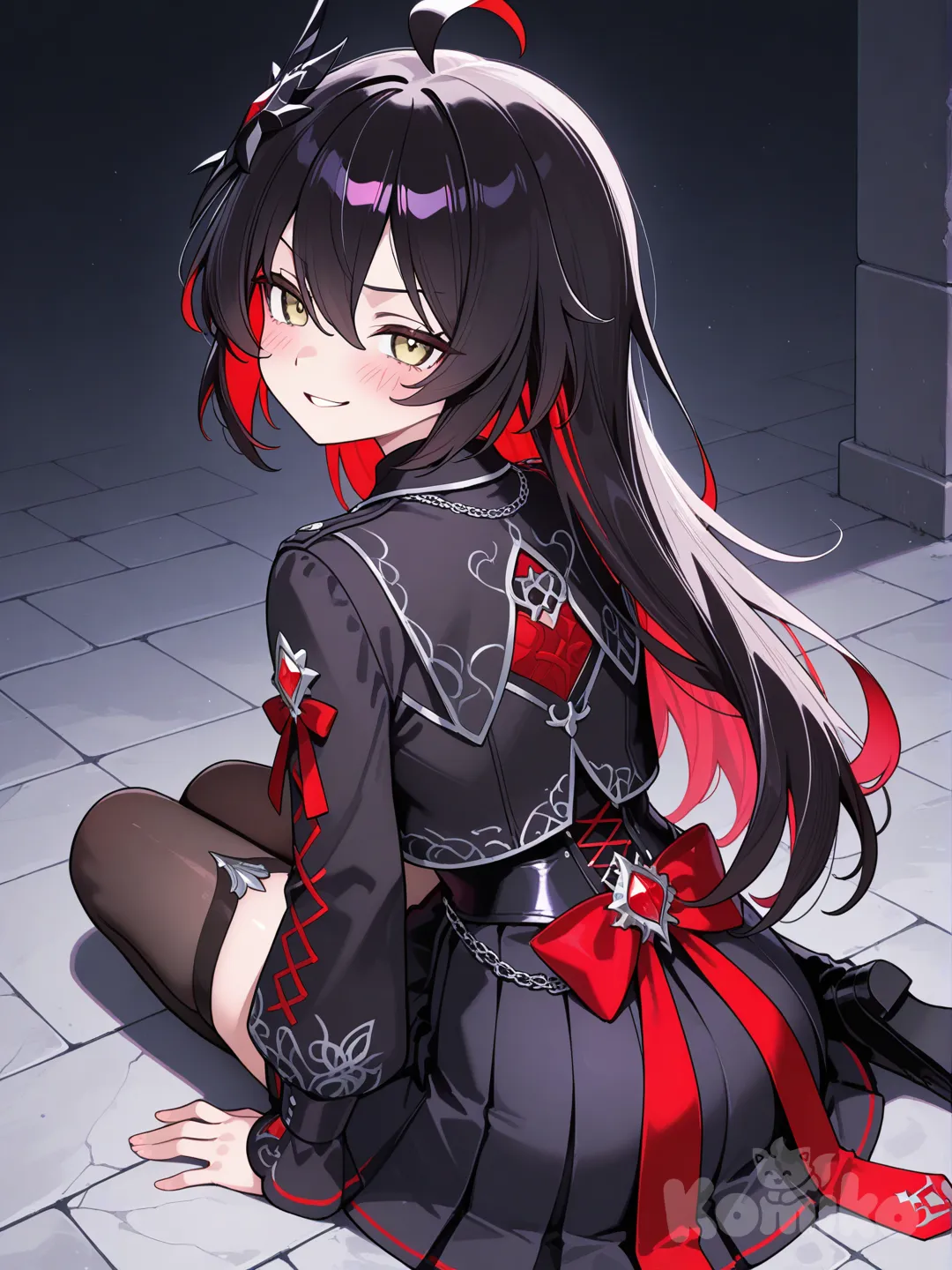 looking back, sitting on the ground, blush, smirk, @Seele_(Alter_Ego)