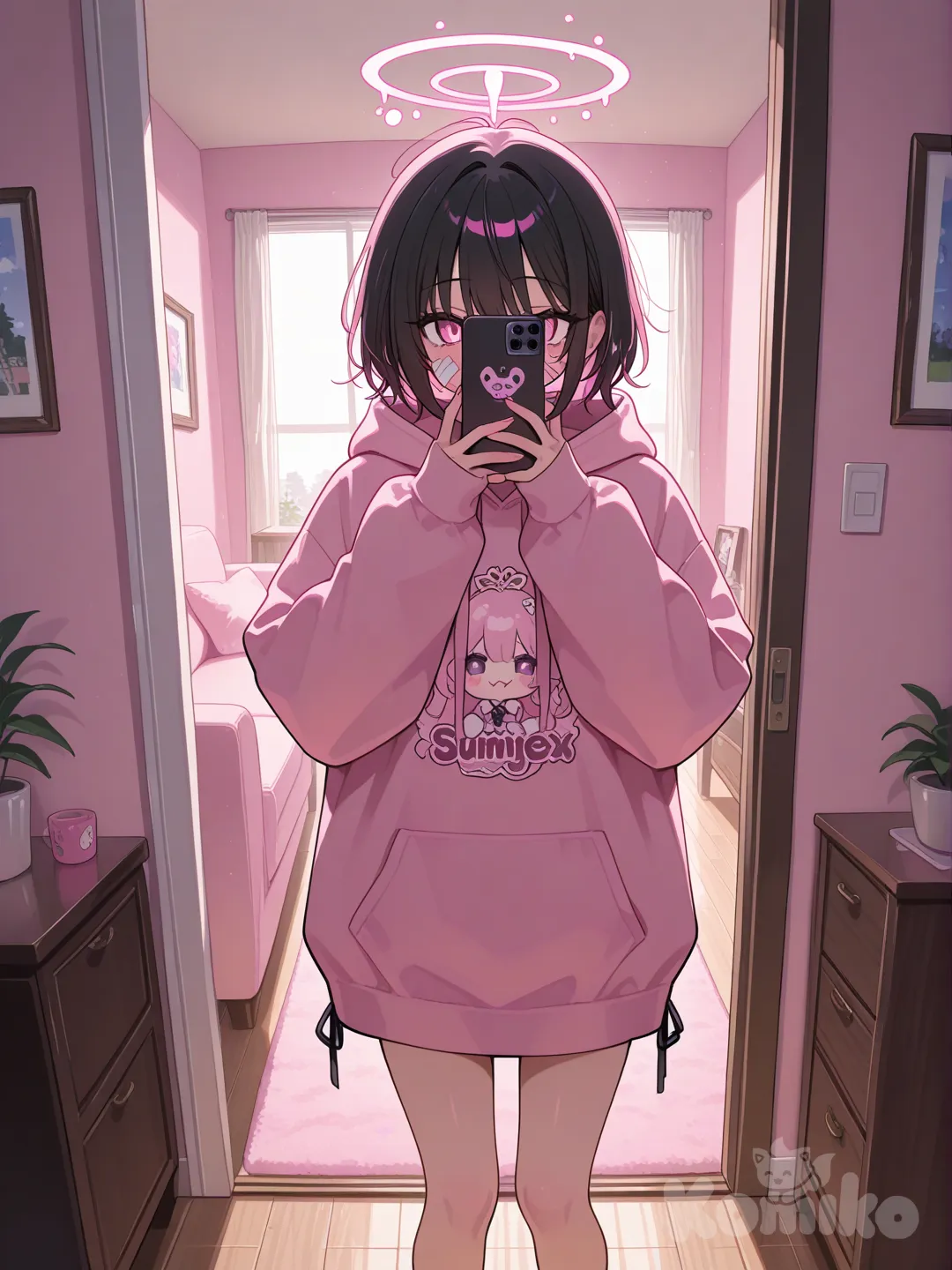 1girl pink oversized hoodie with phone covering face with bandaids a house like background with pink lighting