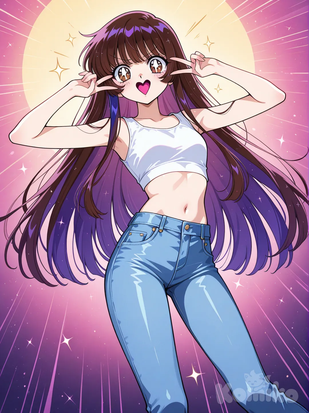 1990s anime style, cel-shaded, 22-year-old female protagonist, huge expressive eyes with multiple sparkles, deep brown iris with golden shines, thin arched eyebrows, small heart-shaped mouth, long straight dark brown hair with blue/purple highlights, slender body with long legs, hourglass figure, elegant posture, wearing white crop top and tight blue jeans, vintage anime aesthetic, by CLAMP art style, vibrant colors, dramatic lighting, shojo manga protagonist, emotional depth