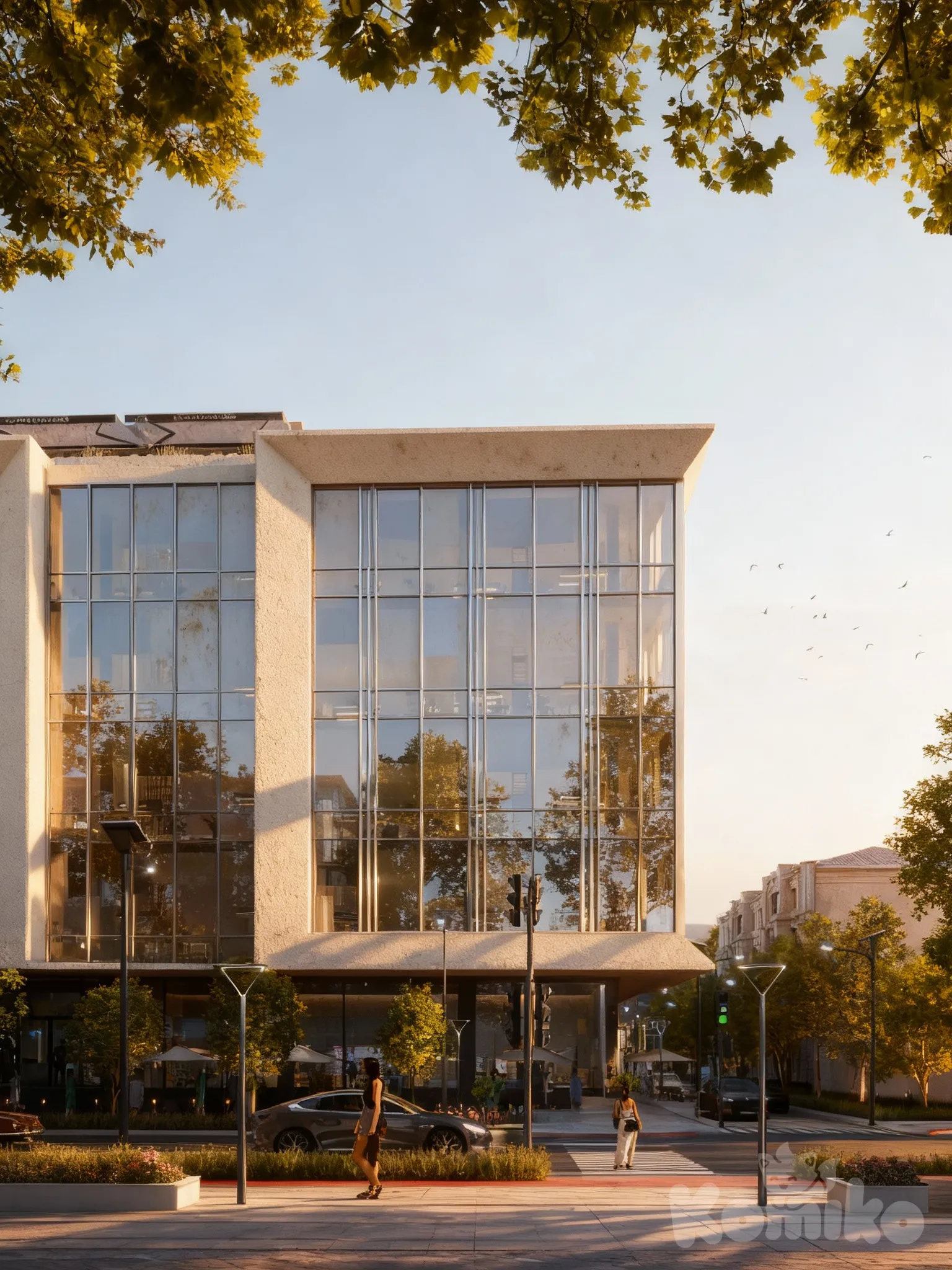 Photorealistic architectural render of a modern mid-rise residential building,
keep exact geometry, scale, facade rhythm, window size and proportions unchanged,
enhance material realism:
realistic low-iron glass with accurate reflections, subtle dirt and variation,
matte plaster walls with micro-roughness and natural imperfections,
physically correct aluminum window frames,
soft golden hour daylight, warm sunlight from the side, long soft shadows,
global illumination, realistic light bounce, balanced exposure,
high-resolution textures, no flat or plastic surfaces,
natural trees with realistic density and scale, leaves with light transmission,
realistic pavement and street materials,
professional architectural photography, 35mm lens, eye-level perspective,
clean composition, realistic atmosphere, ultra-8K quality.