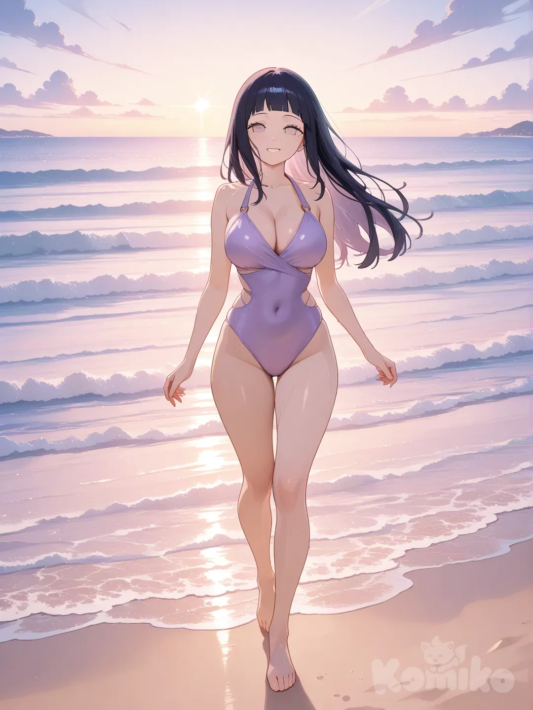 hyuuga hinata, swimwear, walking at the beach, walking towards the viewer, smile