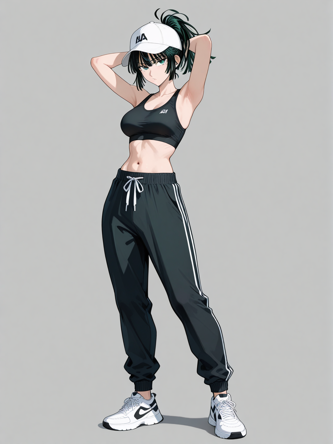 fubuki (one-punch man), black sports bra, sweat pants, pony tail, full body, white hat, hands behind head, shoes