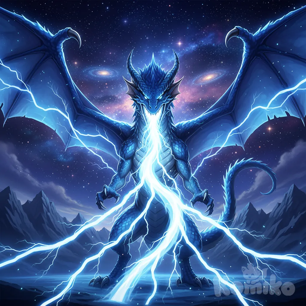 A majestic Blue Lightning Dragon unleashes a torrent of lightning from its mouth, gazing intently at the viewer. The full-body scene is set in a serene night environment, enhanced by ambient, back, rim, top, and side lighting. The scene is completed by a cosmic background with a vibrant, starry sky, captured in a 3D anime style with rich colors reminiscent of an anime screencap.