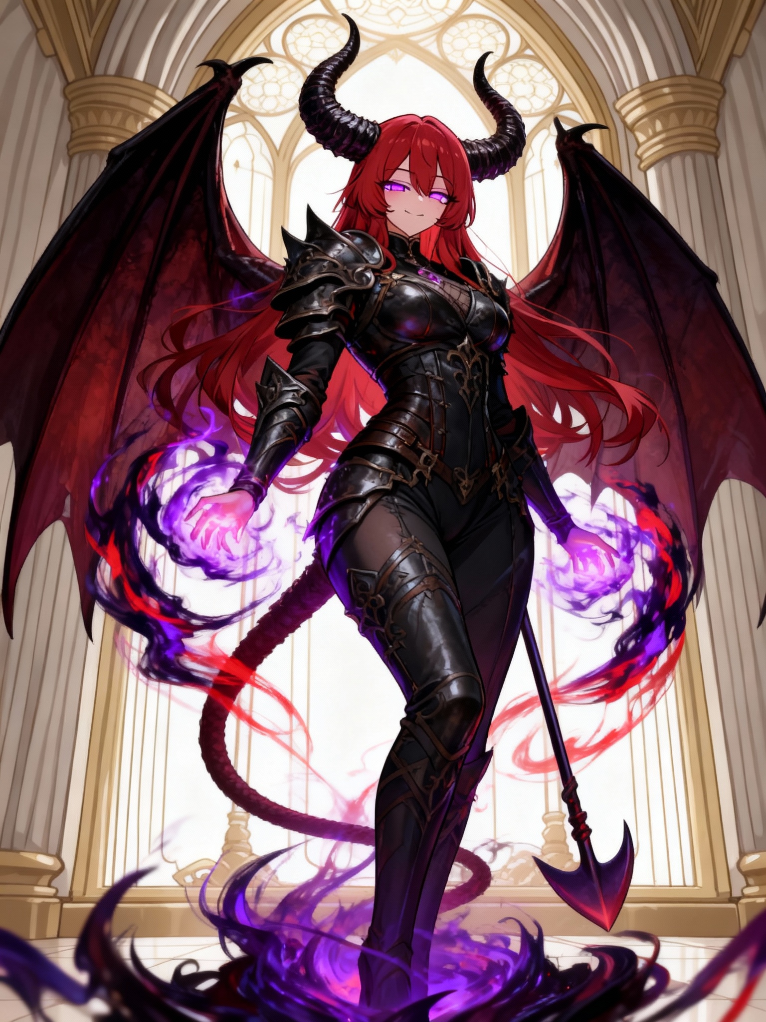 @luxuria-PL5D , the character in full succubus transformation mode. Add large curved dark demonic horns on her head. Add massive leathery bat-like demon wings spread wide behind her back. Add a long spaded demon tail visible. Her clothing transforms into dark, form-fitting ornate leather battle armor pieces over a bodysuit, retaining her curvy silhouette. Her eyes glow with intense magical energy. Dark purple and red magical aura surrounding her body. --niji 6