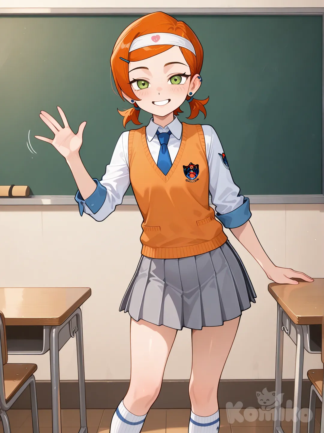 school vest, pleated skirt, headband, knee-high socks, twin tails, classroom, waving, Gwen Tennyson
