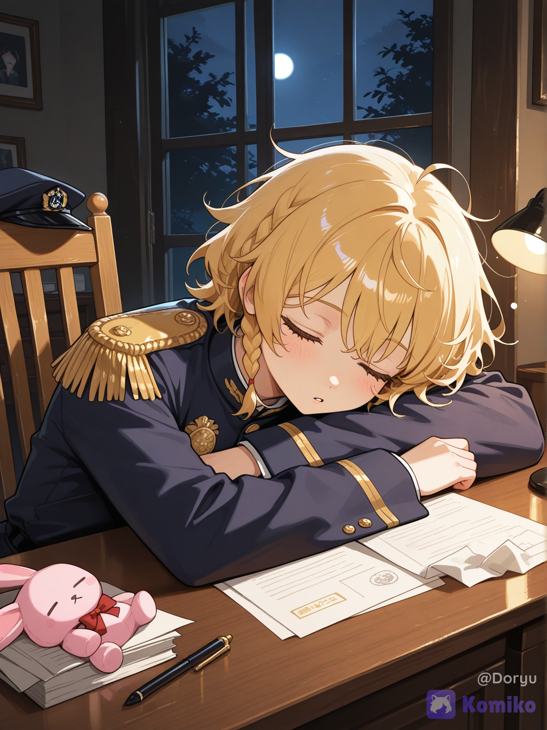 @hinata-doryu-0TPg, 1girl, 18+, young adult, solo, slim natural figure, soft round face, gentle features, warm fair skin, short honey blonde hair falling loose and messy from its braid, small thin side braid near right ear now half undone, eyes closed peacefully in exhausted sleep, soft parted lips, faint natural drowsy blush on cheeks, completely unguarded innocent expression, fully formal high ranking commander uniform, structured dark navy jacket with gold trim and small medal pins, sharp epaulettes, top button undone and collar slightly askew from how she slumped over, one arm folded on the desk serving as a pillow for her head, other arm hanging loosely off the side of the chair, cap fallen sideways off her head resting crookedly, papers and a pen scattered messily across the desk where her hand had stopped mid task, a small worn stuffed rabbit tucked snugly against her chest that she must have kept hidden in a drawer, sitting slumped forward at a simple wooden desk, body curled slightly to one side in an unposed natural sleeping position, dim quiet personal office at night, single warm desk lamp casting a soft small pool of light over her while the rest of the room stays gently dim, faint moonlight through a nearby window, candid framing from the doorway angle as if someone just quietly opened the door and paused at the sight, sense of an authoritative figure completely disarmed by simple human tiredness, an overwhelming urge to quietly cover her with a blanket rather than wake her, semi-realistic anime style, highly