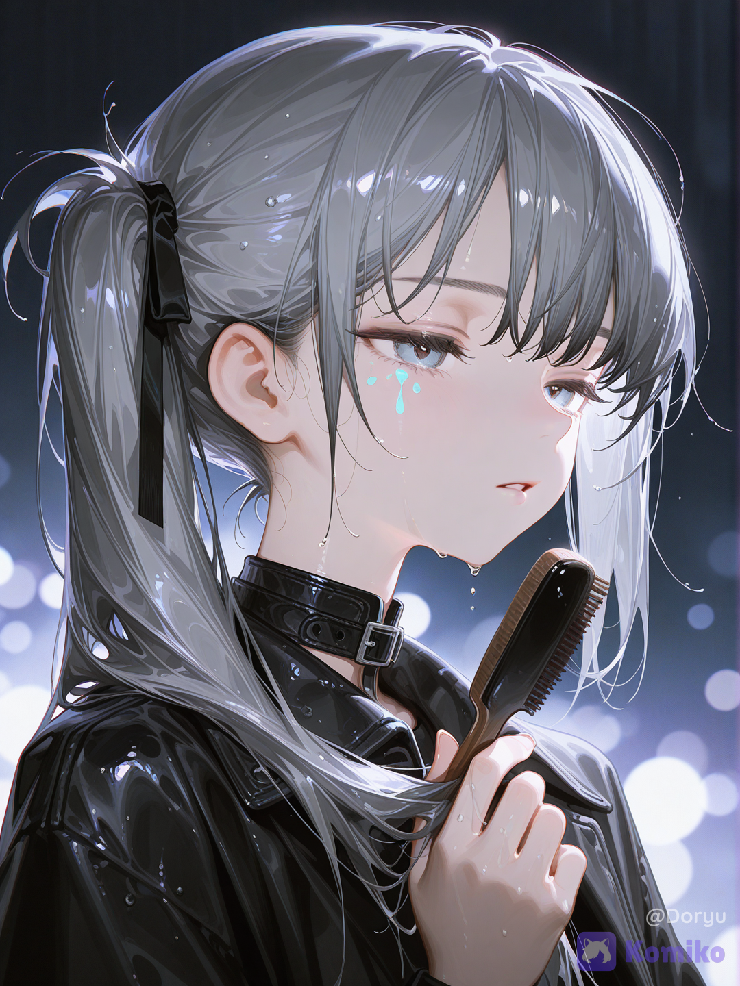 @koko-YOjK, 1boy, 18+, young adult, femboy, silver-gray messy hair, korean idol hairstyle, choppy uneven layers, long side bangs damp and clinging slightly to his forehead, small side ponytail tied loosely near the back with a dark ribbon, a few wet strands sticking to his cheek, pale blue-gray eyes half lidded and downcast, soft shading catching a faint reflected glow, slim delicate androgynous body, soft feminine asian facial features, pale fair skin beaded with fine raindrops, close portrait framing tightly on his face and raised hand, one hand paused mid-motion near his temple brushing a wet strand of hair from his eye, fingers barely grazing his skin, the gesture caught mid-movement rather than posed, eyes cast downward, unfocused, momentarily unguarded, a fleeting flicker of quiet exhaustion breaking through his usual composed stillness, lips parted faintly as if caught mid-breath, faint tension held in his brow that speaks of something carried silently, water droplets caught mid-fall around his face and hair, softly blurred, glossy black jacket collar just visible at the very edge of the frame, damp fabric catching a faint sheen, background reduced to a deep soft blur of blue-gray tones with faint smears of colored neon light bleeding through, no distinct shapes readable, only soft glowing color pooling behind him, sense of the world outside fading away entirely around this one private unguarded second, calm melancholic aura, semi-realistic anime style, cinematic lighting, highly[high-gloss-illustration-style]
