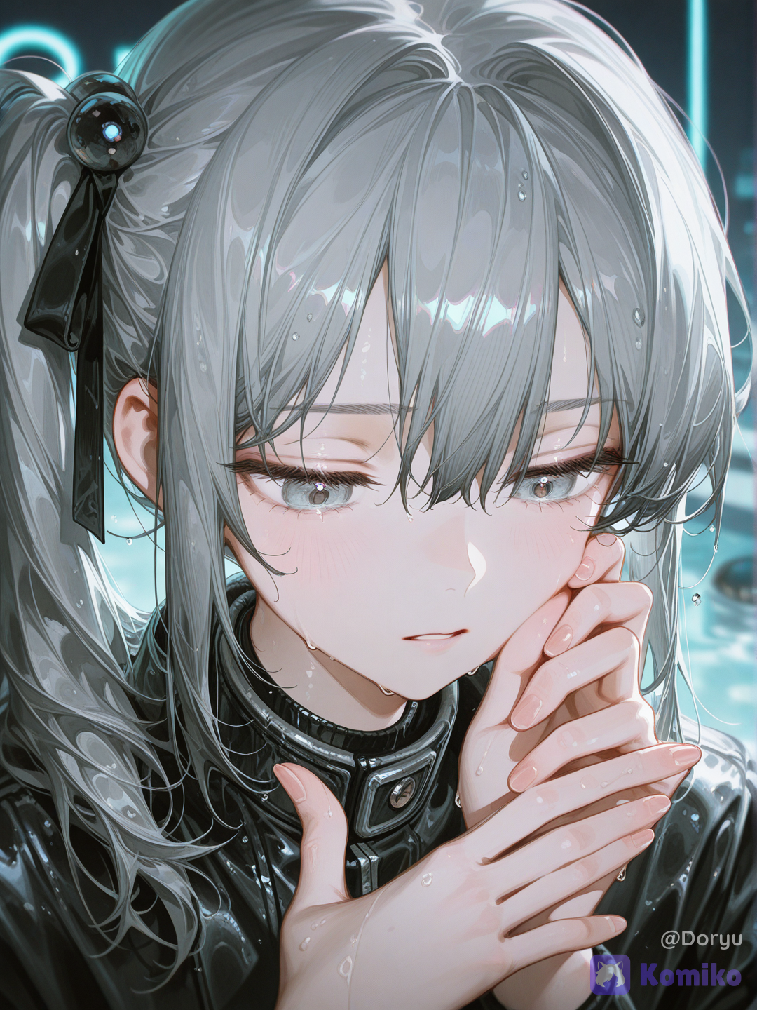 @koko-YOjK, 1boy, 18+, young adult, femboy, silver-gray messy hair, korean idol hairstyle, choppy uneven layers, long side bangs damp and clinging slightly to his forehead, small side ponytail tied loosely near the back with a dark ribbon, a few wet strands sticking to his cheek, pale blue-gray eyes half lidded and downcast, soft shading catching a faint reflected glow, slim delicate androgynous body, soft feminine asian facial features, pale fair skin beaded with fine raindrops, close portrait framing tightly on his face and raised hand, one hand paused mid-motion near his temple brushing a wet strand of hair from his eye, fingers barely grazing his skin, the gesture caught mid-movement rather than posed, eyes cast downward, unfocused, momentarily unguarded, a fleeting flicker of quiet exhaustion breaking through his usual composed stillness, lips parted faintly as if caught mid-breath, faint tension held in his brow that speaks of something carried silently, water droplets caught mid-fall around his face and hair, softly blurred, glossy black jacket collar just visible at the very edge of the frame, damp fabric catching a faint sheen, background reduced to a deep soft blur of blue-gray tones with faint smears of colored neon light bleeding through, no distinct shapes readable, only soft glowing color pooling behind him, sense of the world outside fading away entirely around this one private unguarded second, calm melancholic aura, semi-realistic anime style, cinematic lighting, highly[high-gloss-illustration-style]