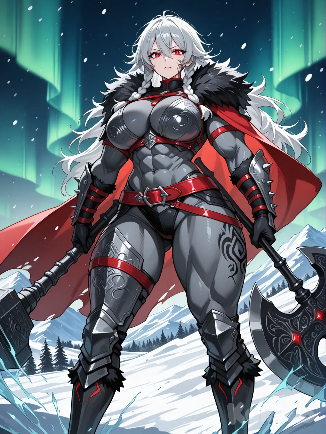 Digital Concept Art 
Esta imponente guerrera de estética nórdica y fantástica se erige con una presencia dominante en medio de un paisaje ártico. Su rostro maduro y curtido por mil batallas muestra facciones marcadas y una mirada feroz resaltada por unos ojos de un rojo carmesí brillante y sobrenatural. Su cabello, de un tono gris plateado, cae en una melena densa y desordenada, adornada con trenzas laterales que enmarcan su semblante decidido. Posee un físico extraordinario tetas grandes nalgas grande caderas grandes, con una musculatura hiperdesarrollada y un torso poderosamente definido que denota una fuerza sobrehumana.
Su vestimenta combina la brutalidad del clima con la elegancia de la guerra: viste una pesada capa de piel negra que cubre sus hombros, mientras que su torso queda parcialmente al descubierto, protegido únicamente por un arnés de cuero y metal. En sus brazos luce brazales pesados de metal oscuro con grabados intrincados y remates de pelaje blanco en las muñecas. De su cintura cuelgan faldones de tela roja carmesí que contrastan con una armadura de placas negra y afilada que protege sus piernas, sujeta por un cinturón ancho cargado de runas y relieves geométricos.
En cuanto a su armamento, sujeta con firmeza el mango de una gran hacha o martillo de guerra de proporciones masivas, cuya base emana un intenso fulgor azul rúnico, sugiriendo un arma imbuida con el poder del hielo o el rayo. Su pose es de absoluta soberanía; se mantiene firme y desafiante ante una tormenta de nieve, bajo un cielo donde las auroras boreales y la energía mística se entrelazan entre los picos de las montañas.