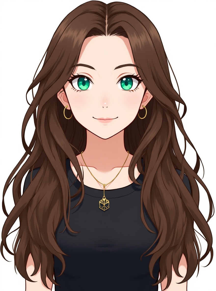 1girl, tall, athletic build, chiseled jawline, piercing emerald eyes, wavy brown hair, single character, full body, looking at viewer, anime style, simple background, white background