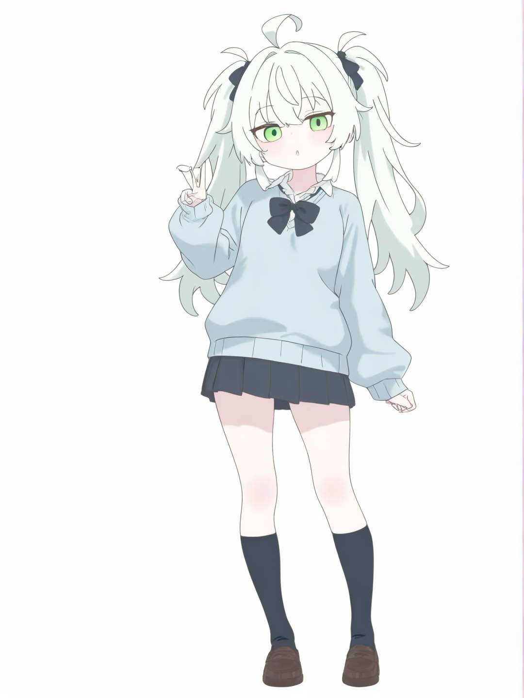 [bright-anime-style] 1girl, demon, teenager, athletic, twintails, green eyes, pale skin, single character, full body, looking at viewer, anime style, simple background, white background