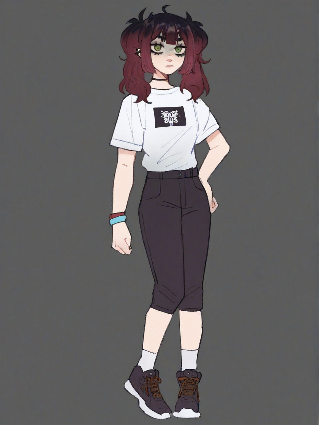[soft-shaded-moe-style] 1girl, demon, teenager, athletic, twintails, green eyes, pale skin, single character, full body, looking at viewer, anime style, simple background, white background