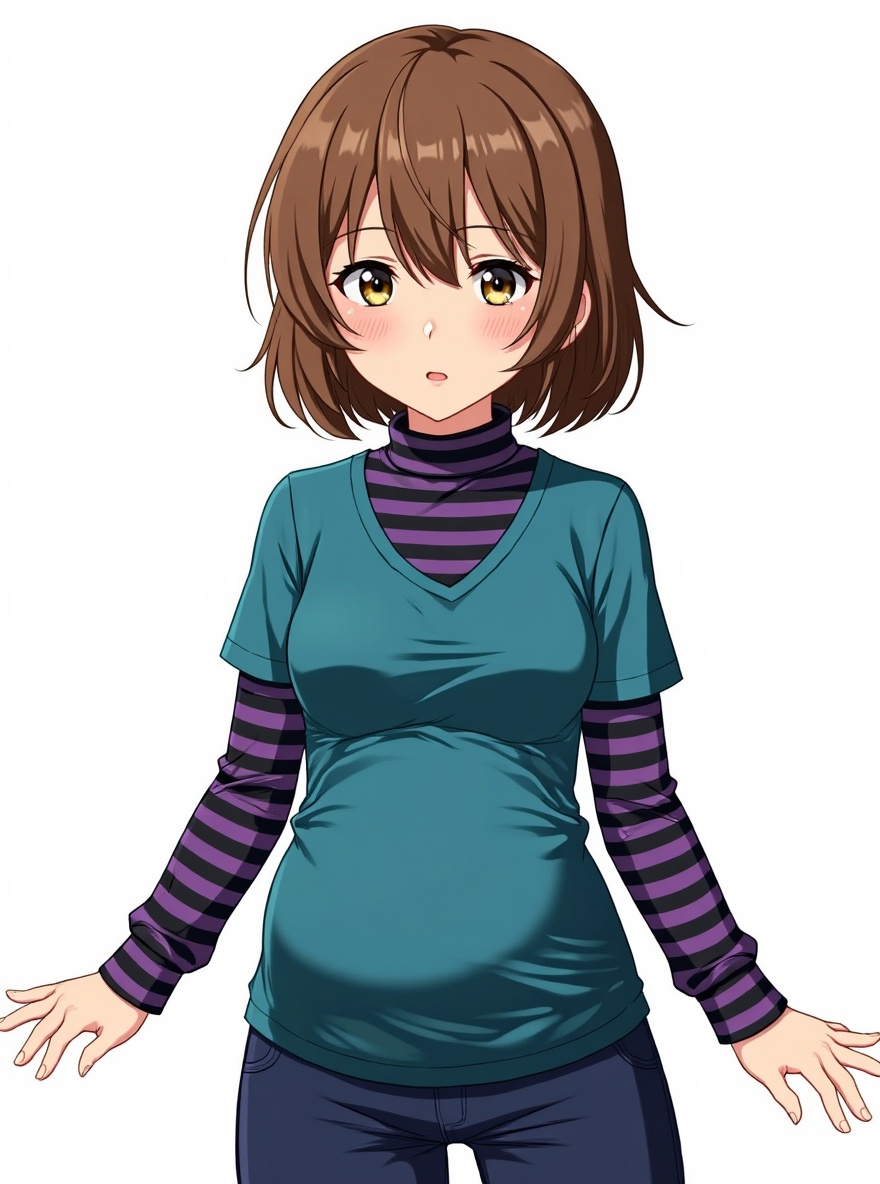 ``` 
1girl, fille, brown short hair, yellow shiny eyes, black and purple long-sleeve shirt with stripes, blue shirt, large pregnant belly, walking slowly in hallway, near french doors leading to garden, focused expression, fists slightly clenched in pain, single character, full body, looking at viewer, anime style, simple background, white background
```