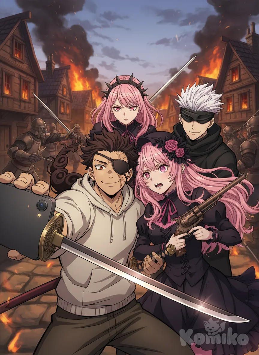 <ekir-HOWm>, <lisa-rose-riyo-holmes-l7nn>, Gojou Satoru, Yor Briar, holding sword, holding gun, selfie, smirk, one eye closed, shocked, frown, village