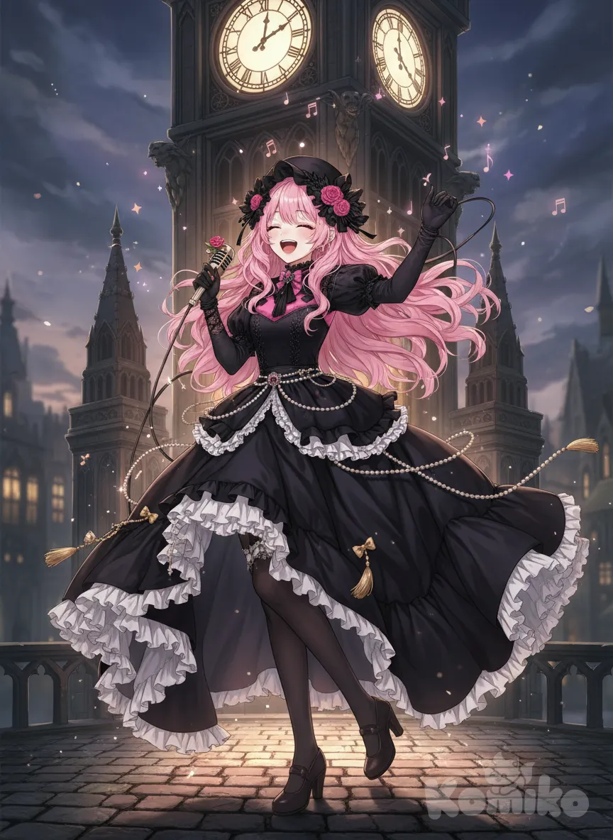 <lisa-rose-riyo-holmes-l7nn>, dancing, singing, tassels, ruffles, pearls, jewelry, clock tower