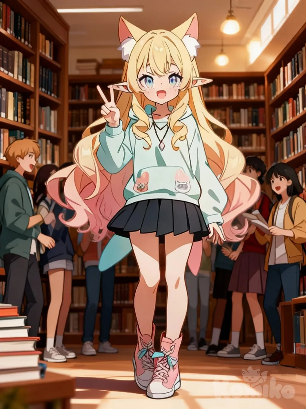 <elisa-qUpq>, 1girl, v sign, gathering together, library