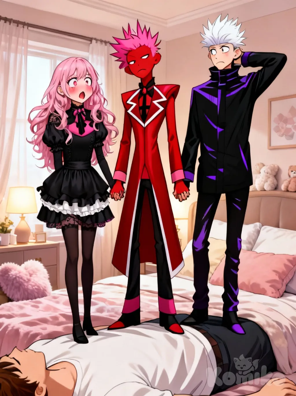 @lisa-rose-riyo-holmes-l7nn, @Alastor_The_Radio_Demon, @Gojou_Satoru, [high-gloss-illustration-style], on person, holding another's hand, shocked, blush, frown, expressionless, head tilt, arms behind head, bedroom