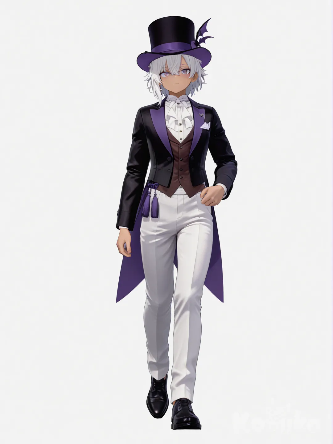 [3d-anime-style] 1boy, vampire, middle-aged, athletic, white hair, purple eyes, tan skin, bohemian shirt, suit pants, tassels, top hat, single character, full body, looking at viewer, anime style, simple background, white background