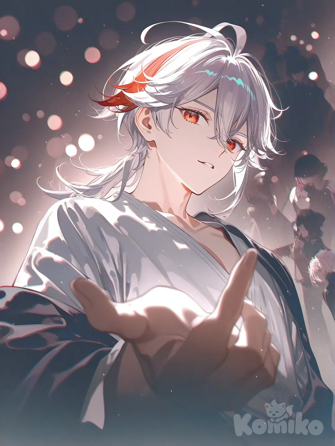 1boy, Kaedehara Kazuha, Alhaitham (Genshin Impact), Scaramouche (Genshin Impact), Gojou Satoru,blade 
 [iridescent-style], head tilt, pointing at viewer, klein blue, fuchsia, burgundy, ivory white, neon green, navy blue, full body, closeup, headshot, upper body, from below