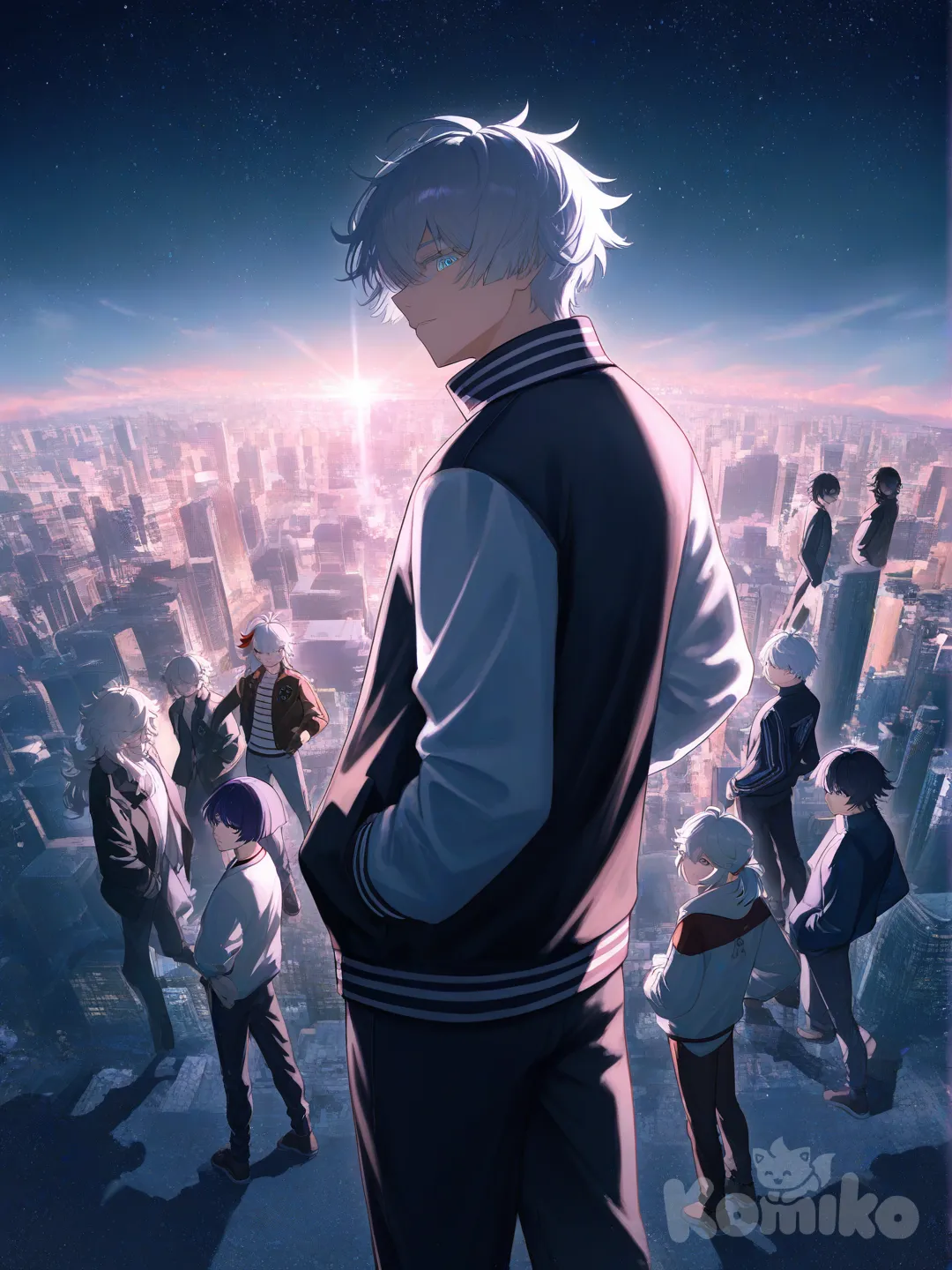 1boy, Kaedehara Kazuha, Scaramouche (Genshin Impact), Wanderer (Genshin Impact), Gojou Satoru, Tomioka Giyuu, Iguro Obanai, Jing Yuan, [moody-glow-style], hands in pockets, looking back, head tilt, striped shirt, hoodie, varsity jacket, leather jacket, henley shirt, upper body, full body, closeup, medium long shot, wide shot, panoramic lens, ultra-wide shot, neon lights, side light, top light, rim light, gradient background, cloud, blue sky, cityscape, starry sky