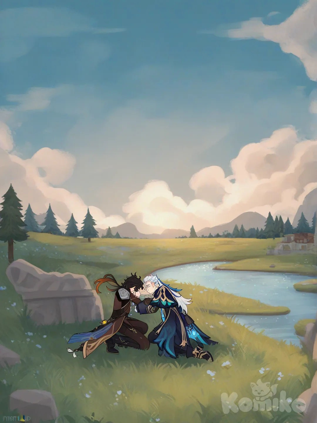 2boys have , Neuvillette punch Zhongli in the face, [soft-shaded-moe-style], upper body, headshot, full body, wide shot, day, side light, rim light, grassland, ruins, village, forest, blue sky, cloud, lake, field