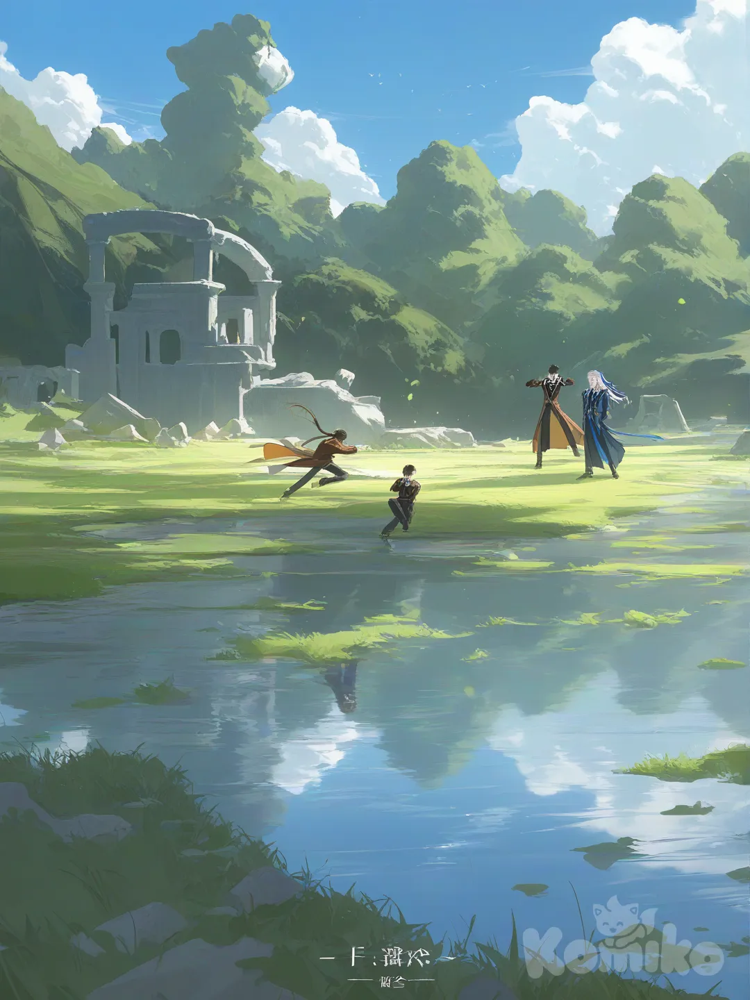 2boys have , Neuvillette punch Zhongli in the face, upper body, headshot, full body, wide shot, day, side light, rim light, grassland, ruins, village, forest, blue sky, cloud, lake, field, [vibrant-anime-style]