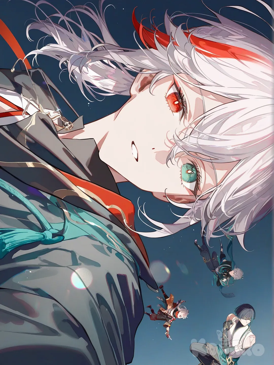 1boy, Kaedehara Kazuha, Alhaitham (Genshin Impact), Scaramouche (Genshin Impact), Gojou Satoru,blade 
 [iridescent-style], head tilt, pointing at viewer, klein blue, fuchsia, burgundy, ivory white, neon green, navy blue, full body, closeup, headshot, upper body, from below have blade in the front