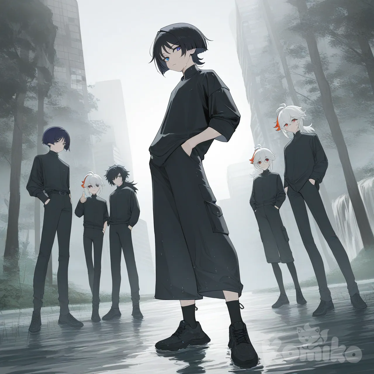 <zak-S6RN>, Tomioka Giyuu, Gojou Satoru, Scaramouche (Genshin Impact) blade, anime coloring, 1boy, Kaedehara Kazuha, [vibrant-anime-style], hands in pockets, head tilt, pointing at viewer, full body, headshot, upper body, closeup, from above, from below, ambient light, backlight, top light, side light, forest, skyscraper, cityscape, rainy, waterfall