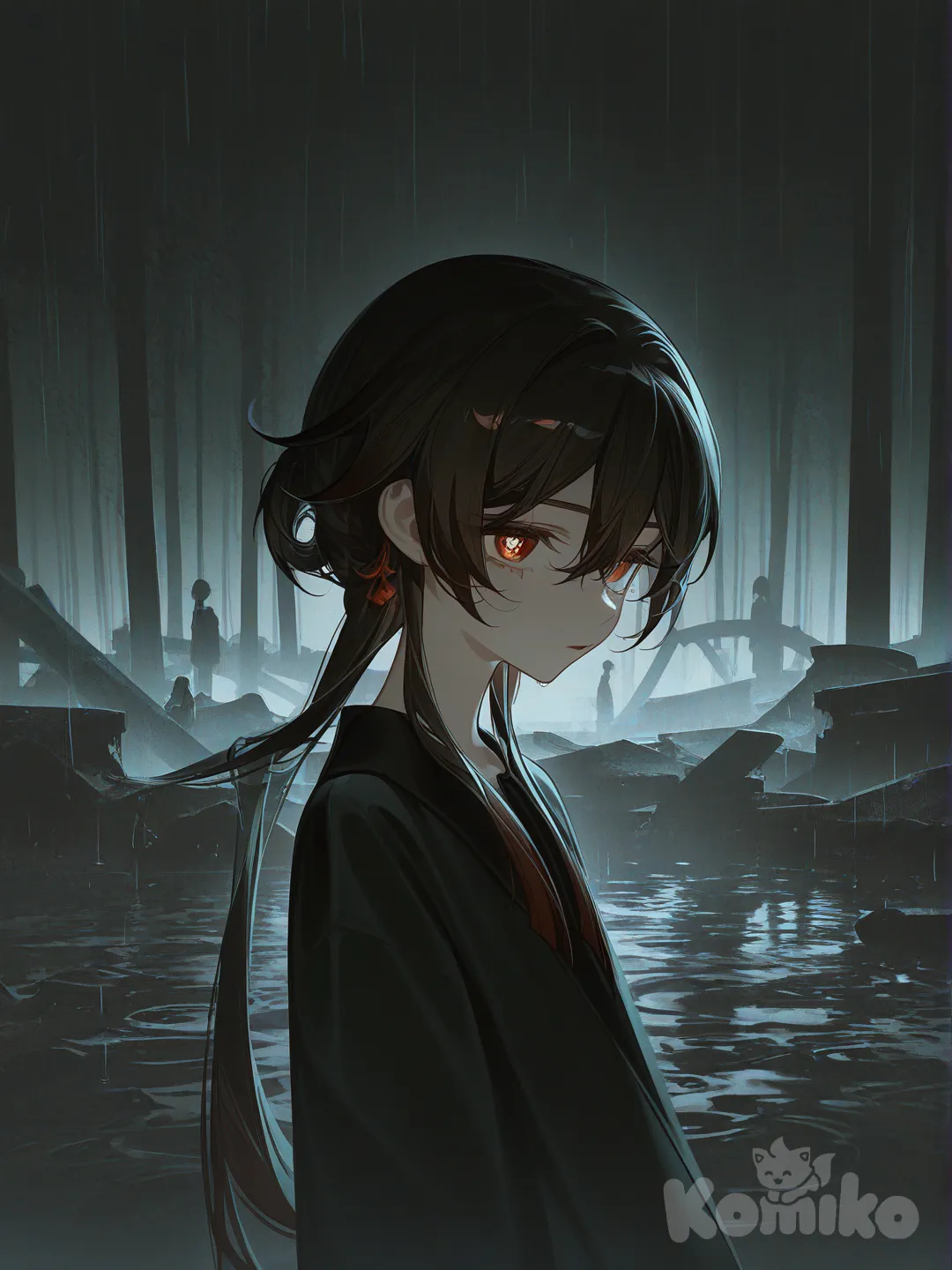 1boy, <zak-S6RN>, Qiqi (Genshin Impact), Hu Tao (Genshin Impact), Mimikyu, [high-contrast-glossy-style], headshot, upper body, ambient light, backlight, top light, night, ruins, forest, rainy make it scary, medium long shot, closeup