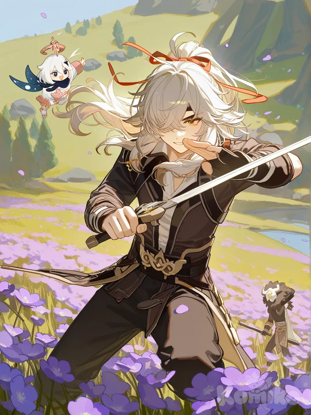 Jing Yuan, 1boy, holding sword, make him like hes teachin g a class, Aether (Genshin Impact), Paimon (Genshin Impact), [lacquered-illustration-style], upper body, forest, field, lake, flower field, 2boys, Hilichurl (Genshin Impact) make it like aether fighting yhe hilichurls