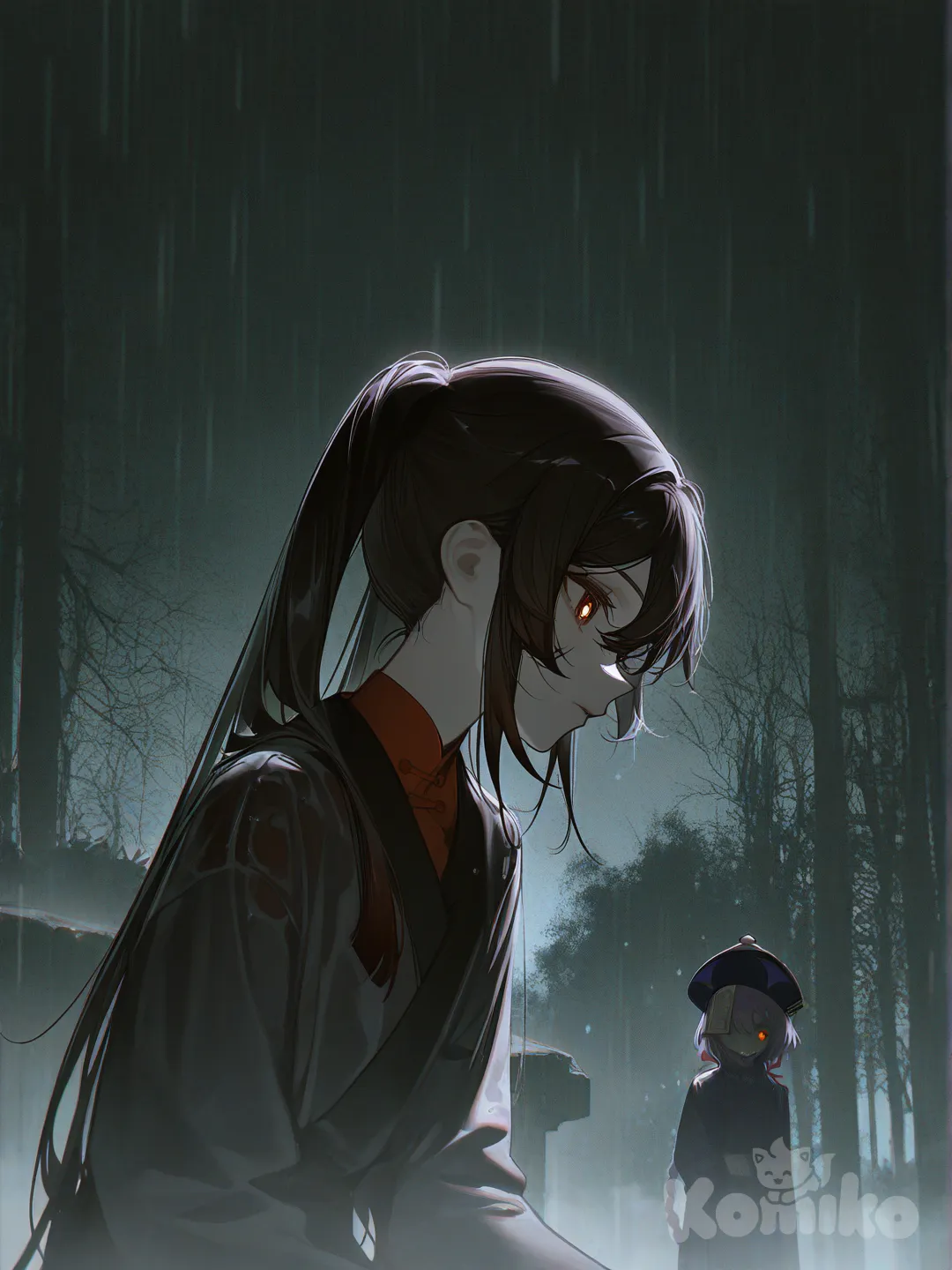 Qiqi (Genshin Impact), Hu Tao (Genshin Impact), [high-contrast-glossy-style], headshot, upper body, ambient light, backlight, top light, night, ruins, forest, rainy make it scary, medium long shot, closeup, 2girls, 1girl, 2people have huato and qiqi inthe mane focus mqnly have qiqi in it