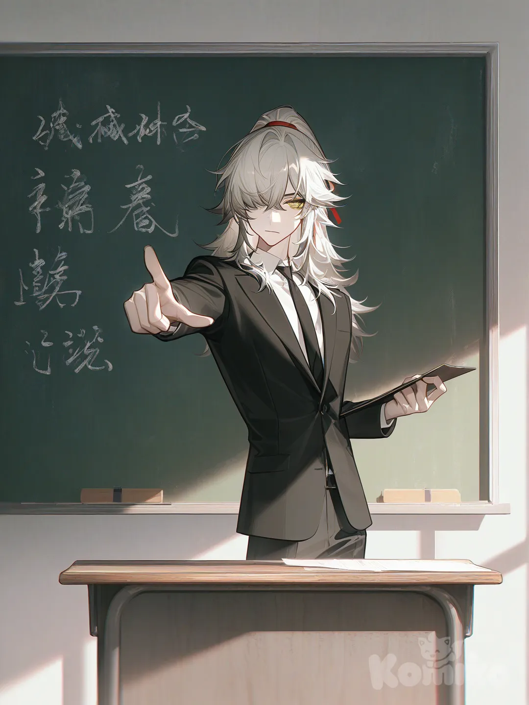 Jing Yuan, 1boy, [high-contrast-glossy-style], classroom make him like hes teachin g a class