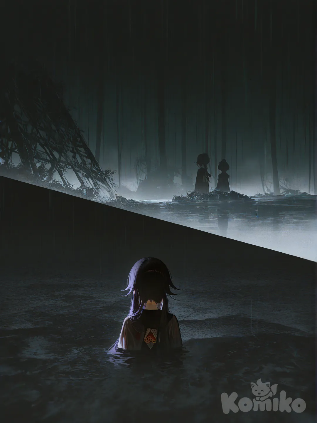 <zak-S6RN>, Qiqi (Genshin Impact), Hu Tao (Genshin Impact), [high-contrast-glossy-style], headshot, upper body, ambient light, backlight, top light, night, ruins, forest, rainy make it scary, medium long shot, closeup, 2girls, 1girl, 2people have huato and qiqi inthe mane focus