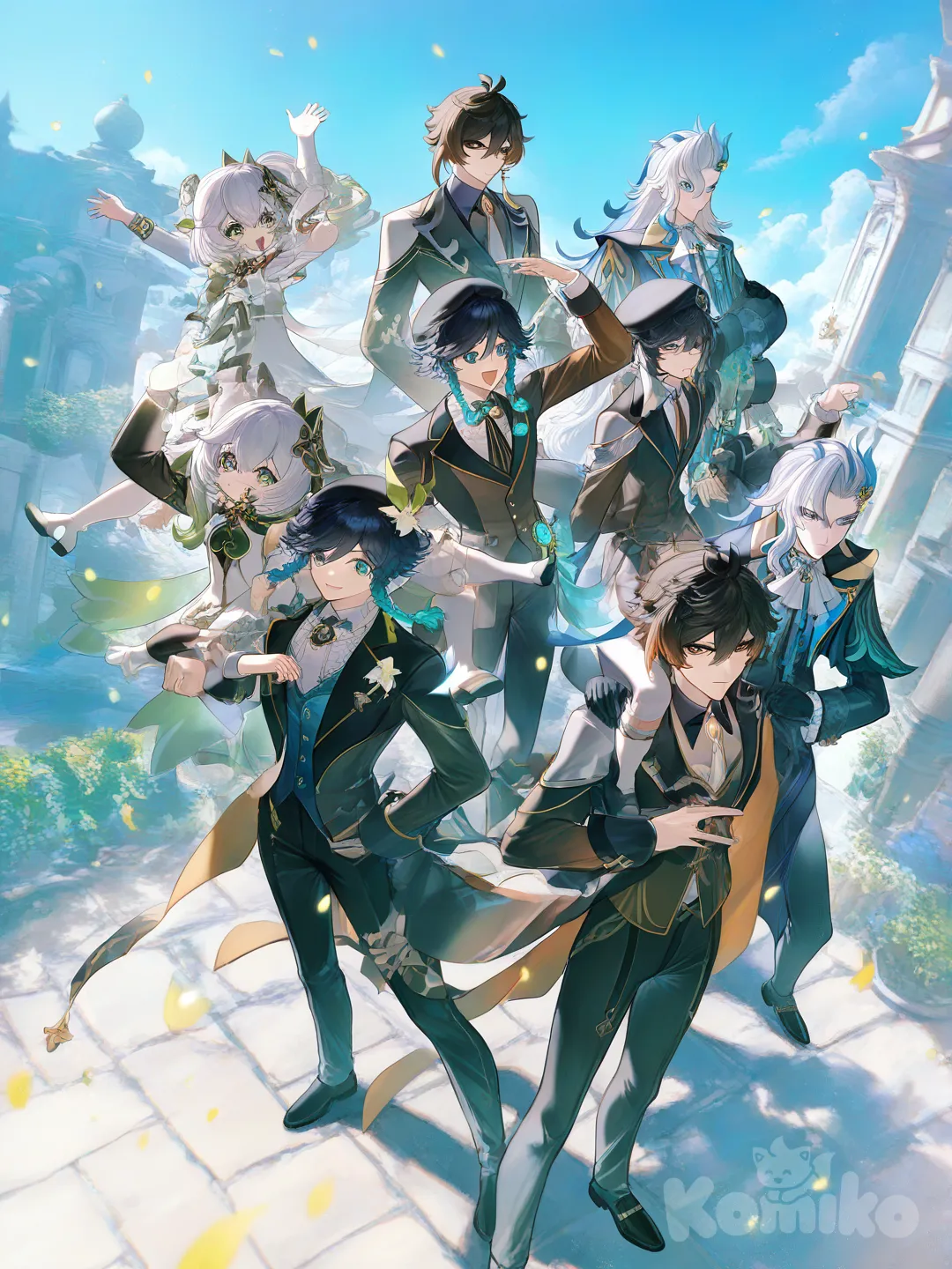 @Venti_(Genshin_Impact), @Neuvillette_(Genshin_Impact),zhongli, @Columbina_(Genshin_Impact), nahida, 2boys, 1girlhave them all stacked up on their shuthers, [moody-glow-style] have them with the same clothes they already have