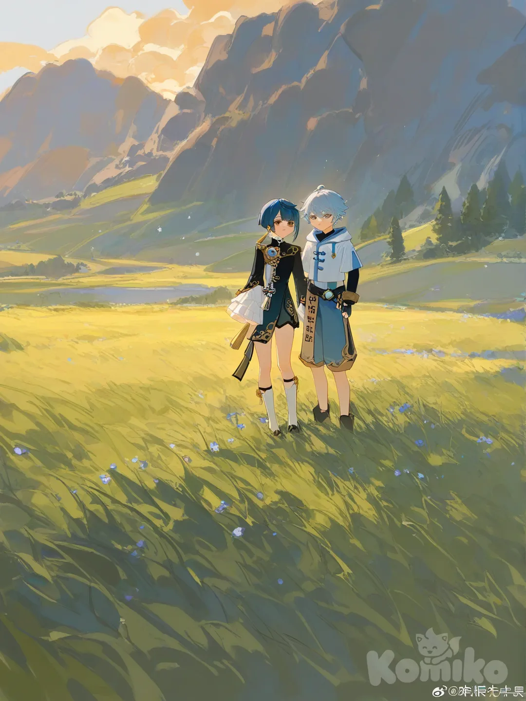 chongyun, 1boy, 1girl, [lacquered-illustration-style], full body, closeup, headshot, upper body, ambient light, top light, backlight, rim light, day, grassland, forest, cloud, field, pier, park, @Xingqiu_(Genshin_Impact)