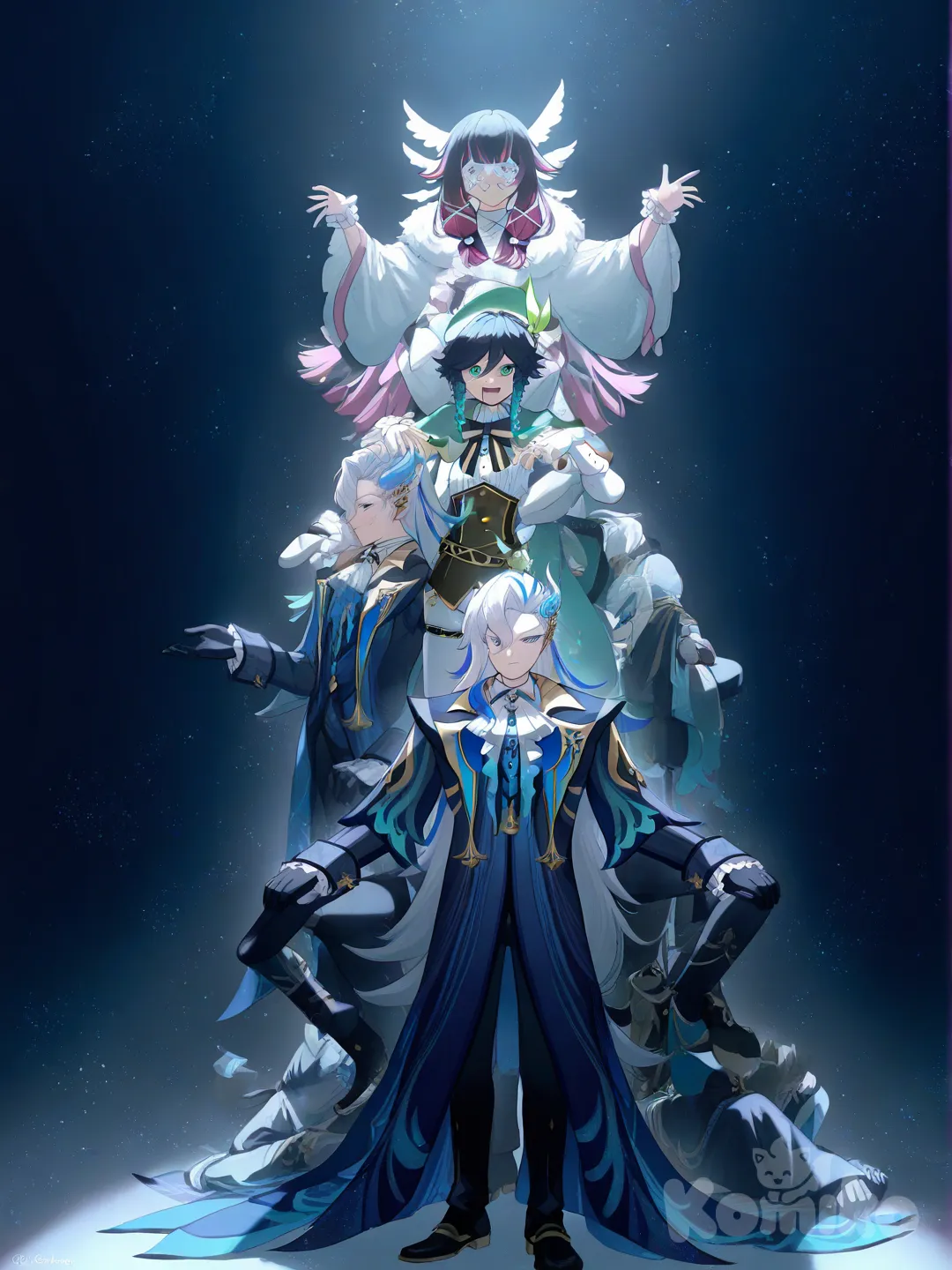 @Venti_(Genshin_Impact), @Neuvillette_(Genshin_Impact), @Columbina_(Genshin_Impact), 2boys, 1girlhave them all stacked up on their shuthers, [moody-glow-style] have them with the same clothes they already have