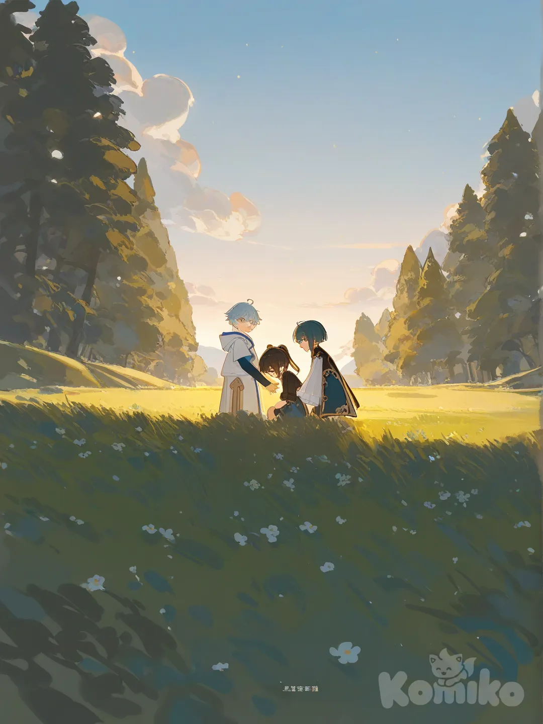 chongyun, 1boy, 1girl, [lacquered-illustration-style], full body, closeup, headshot, upper body, ambient light, top light, backlight, rim light, day, grassland, forest, cloud, field, pier, park, @Xingqiu_(Genshin_Impact) not as children
