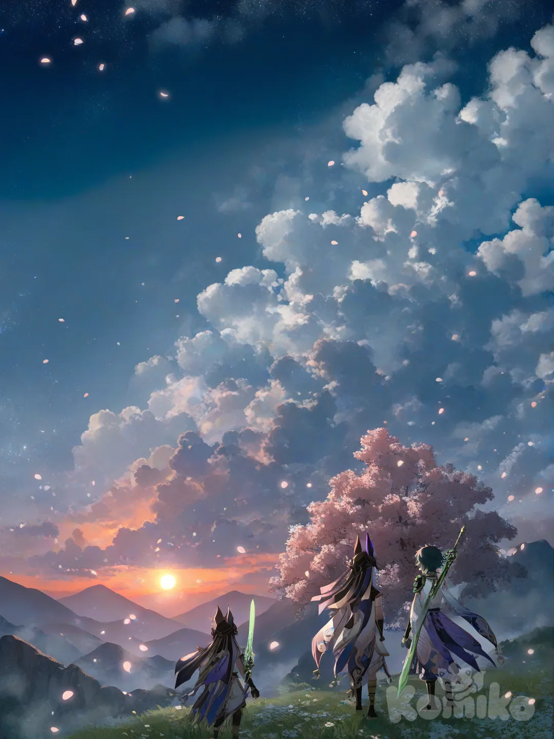 2boys, @Cyno_(Genshin_Impact), @Xiao_(Genshin_Impact), [moody-glow-style], holding sword, 2people, ambient light, backlight, sparkle, dusk, cloud, fog, mountain, leaves falling, sun, cherry blossoms