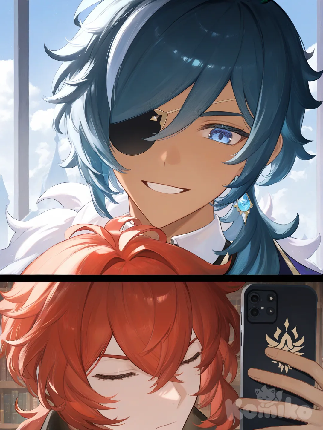 @Kaeya_(Genshin_Impact),have delicious mad and serious in the picture but have Kaela smiling
@Diluc_(Genshin_Impact), 2boys, [moody-glow-style], selfie, head tilt, blank stare, closed eyes, headshot, closeup, day, ambient light, cloud, cityscape, library , looking at phone