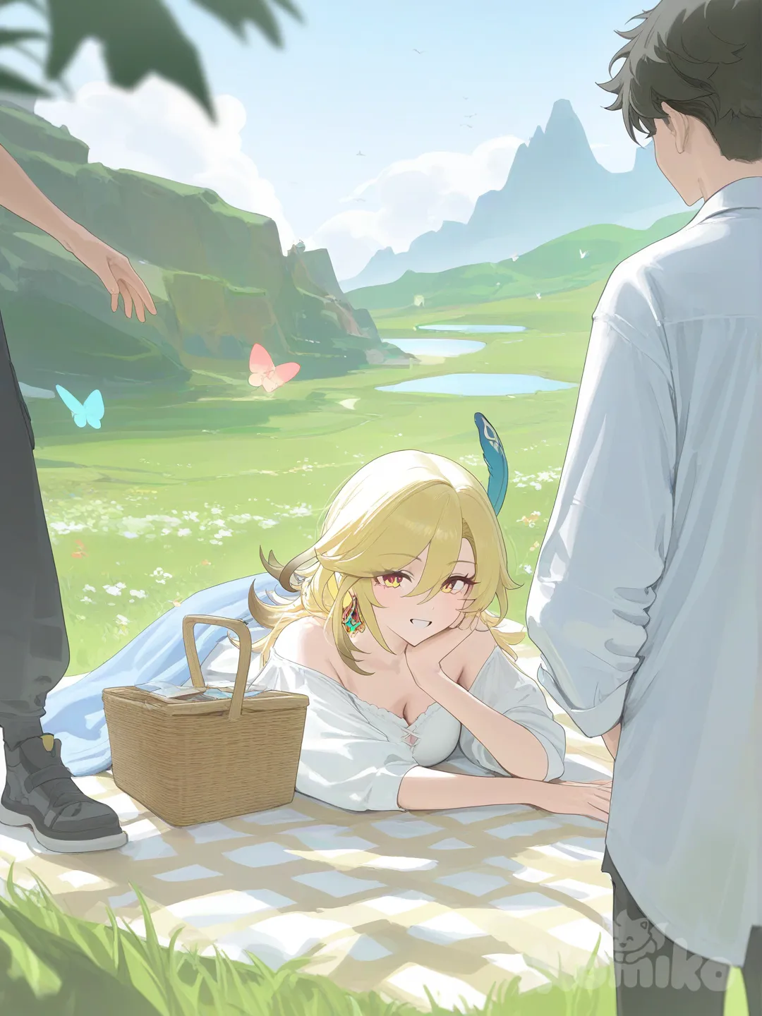 1boy, 1girl, 2people, @Kaveh_(Genshin_Impact), @_, [vibrant-anime-style], picnic, headshot, closeup, upper body, close-up, ambient light, side light, day, field, lake, park, sky, hill, @Shenhe_(Genshin_Impact) love dove