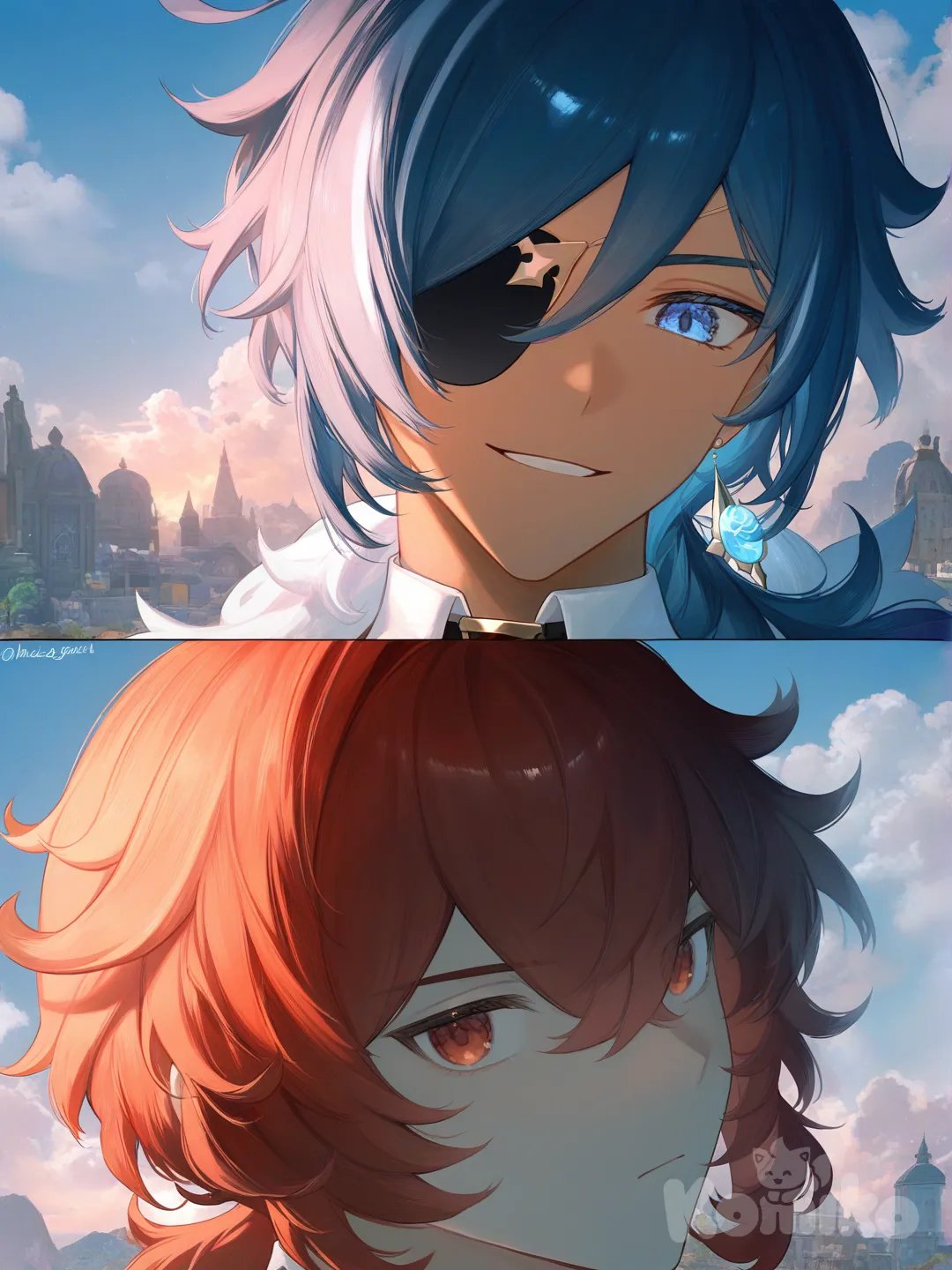 @Kaeya_(Genshin_Impact),have delicious mad and serious in the picture but have Kaela smiling
@Diluc_(Genshin_Impact), 2boys, [moody-glow-style], selfie, head tilt, smirk, blank stare, closed eyes, headshot, closeup, day, ambient light, cloud, cityscape, library