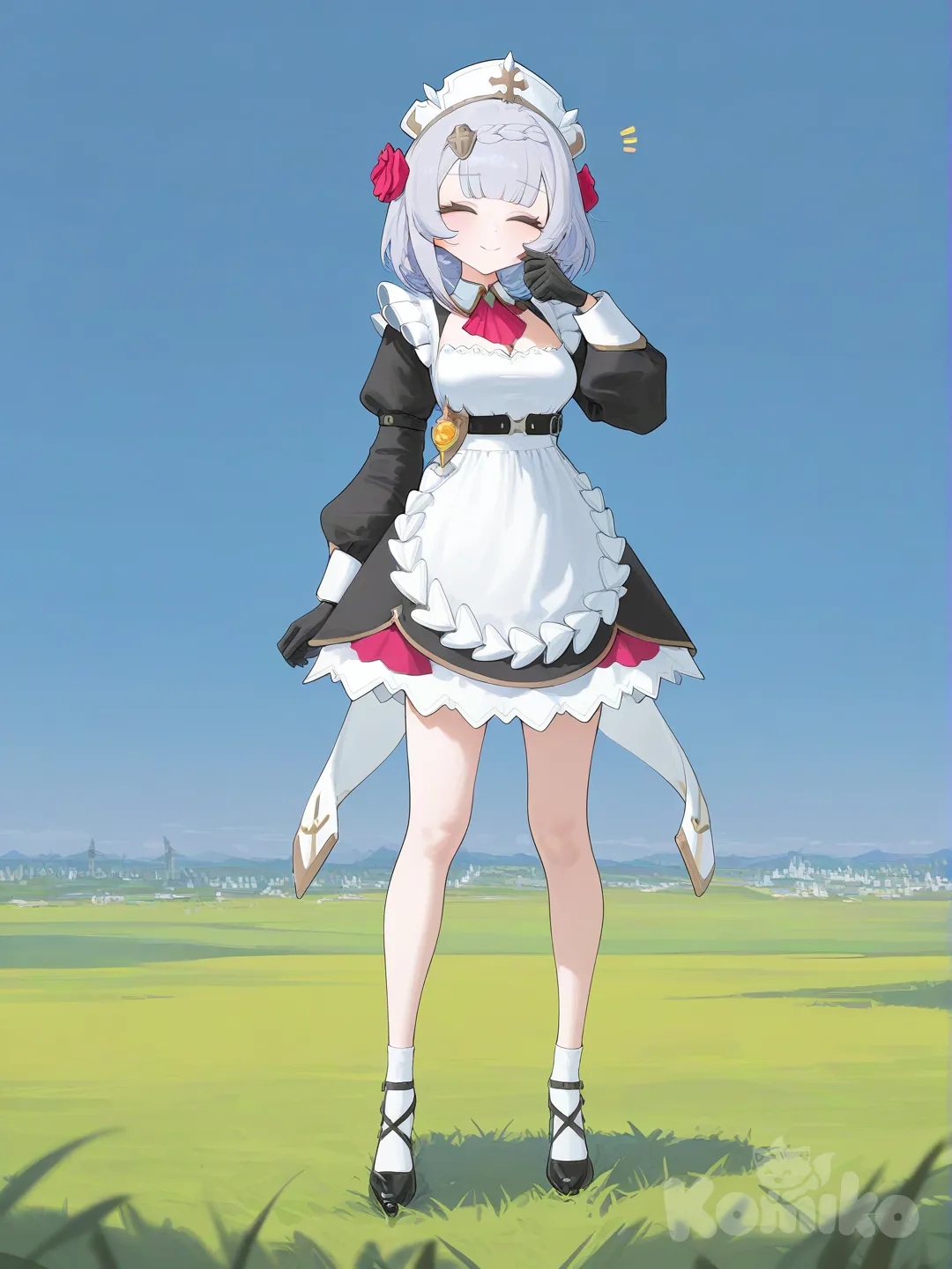 headshot, upper body, full body, gradient background, blue sky, grassland, cityscape, @Noelle_(Genshin_Impact), [vibrant-anime-style], face pinching, closed eyes