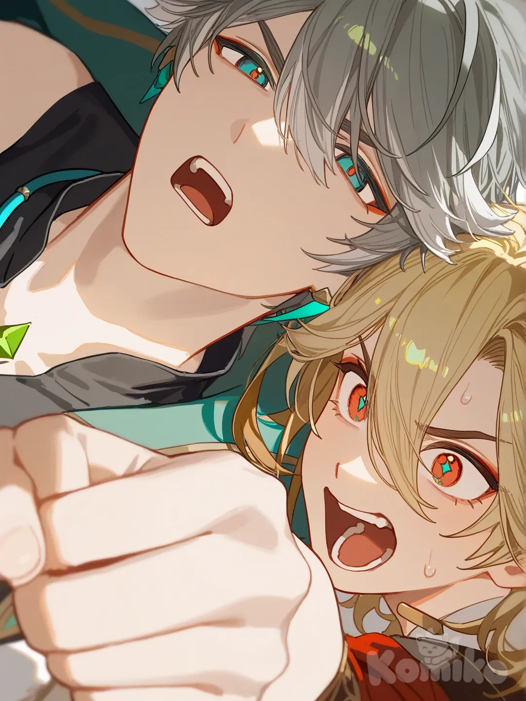 2boys, @Alhaitham_(Genshin_Impact), @Kaveh_(Genshin_Impact), [lacquered-illustration-style], 2people arguing yellingat each athor