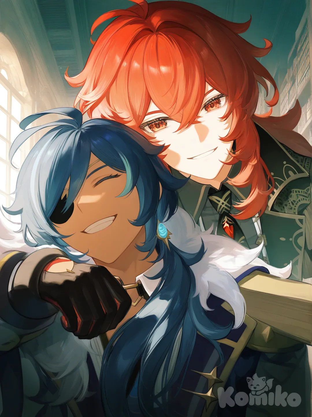 @Kaeya_(Genshin_Impact),have delicious mad and serious in the picture but have Kaela smiling
@Diluc_(Genshin_Impact), 2boys, [moody-glow-style], selfie, head tilt, smirk, happy, excited, blank stare, closed eyes, headshot, closeup, day, ambient light, cloud, cityscape, library