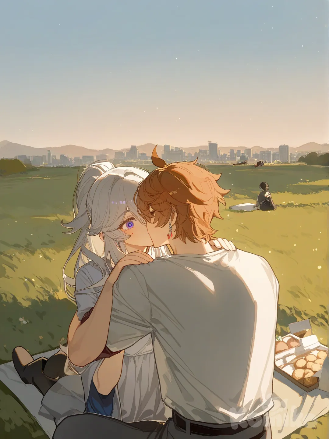 1boy, 1girl, 2people, @Bronya_Zaychik_(Silverwing:N-Ex), @Tartaglia_(Genshin_Impact), [lacquered-illustration-style], kissing, picnic, back to back, hands on another's shoulders, closeup, headshot, upper body, full body, gradient background, blue sky, grassland, cityscape