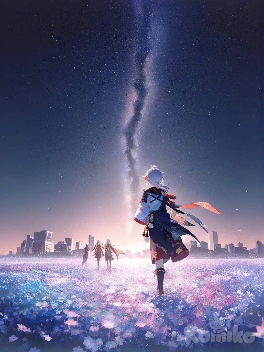 [iridescent-style], field, skyscraper, waterfall, snowy, flower field, starry sky, 1boy, 1girl, 2people, @Kaedehara_Kazuha, @Hu_Tao_(Genshin_Impact)