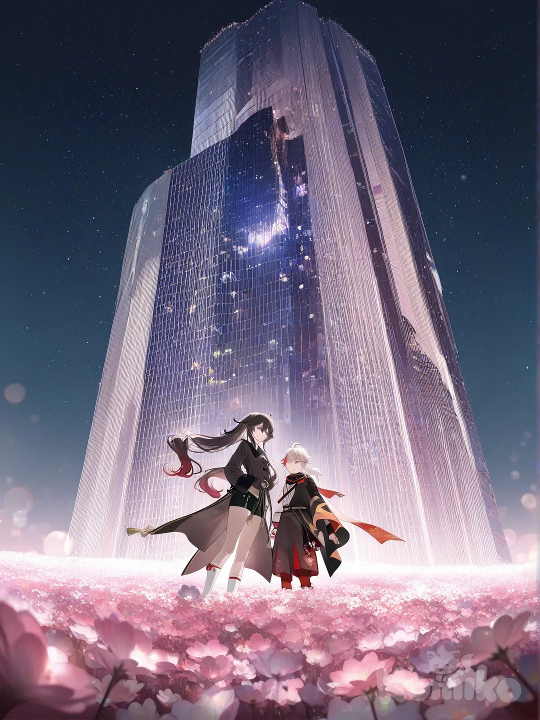 [iridescent-style], field, skyscraper, waterfall, snowy, flower field, starry sky, 1boy, 1girl, 2people, @Kaedehara_Kazuha, @Hu_Tao_(Genshin_Impact)