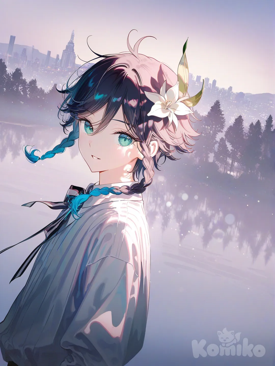 1boy, @Gojou_Satoru, @Xiao_(Genshin_Impact), @Venti_(Genshin_Impact), [iridescent-style], forest, field, lake, skyscraper, waterfall, snowy